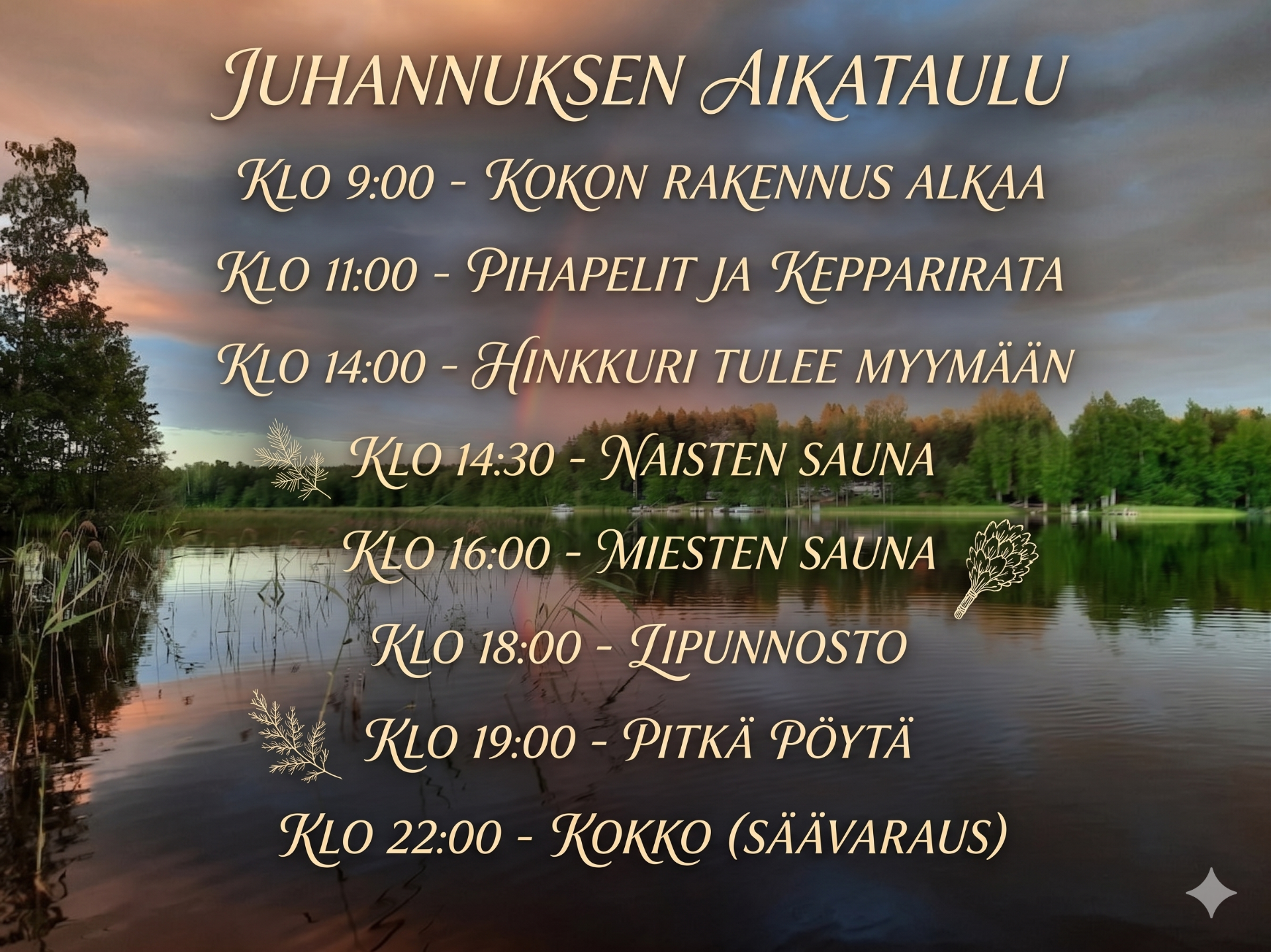 Juhannusohjelma, leirintäalue, järven rannalla