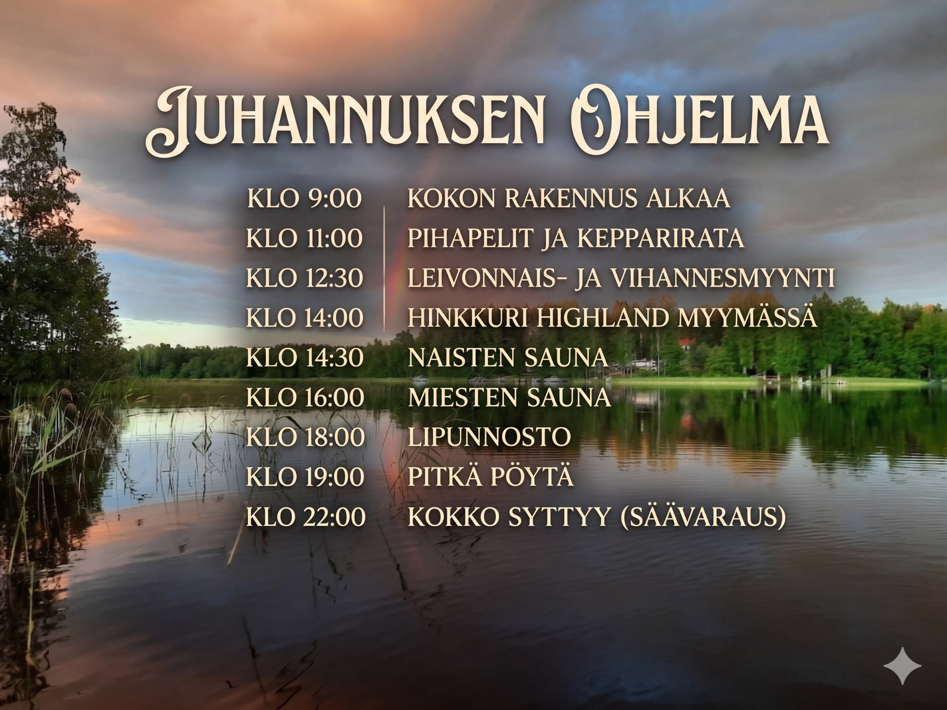 Juhannusohjelma, leirintäalue, järven rannalla